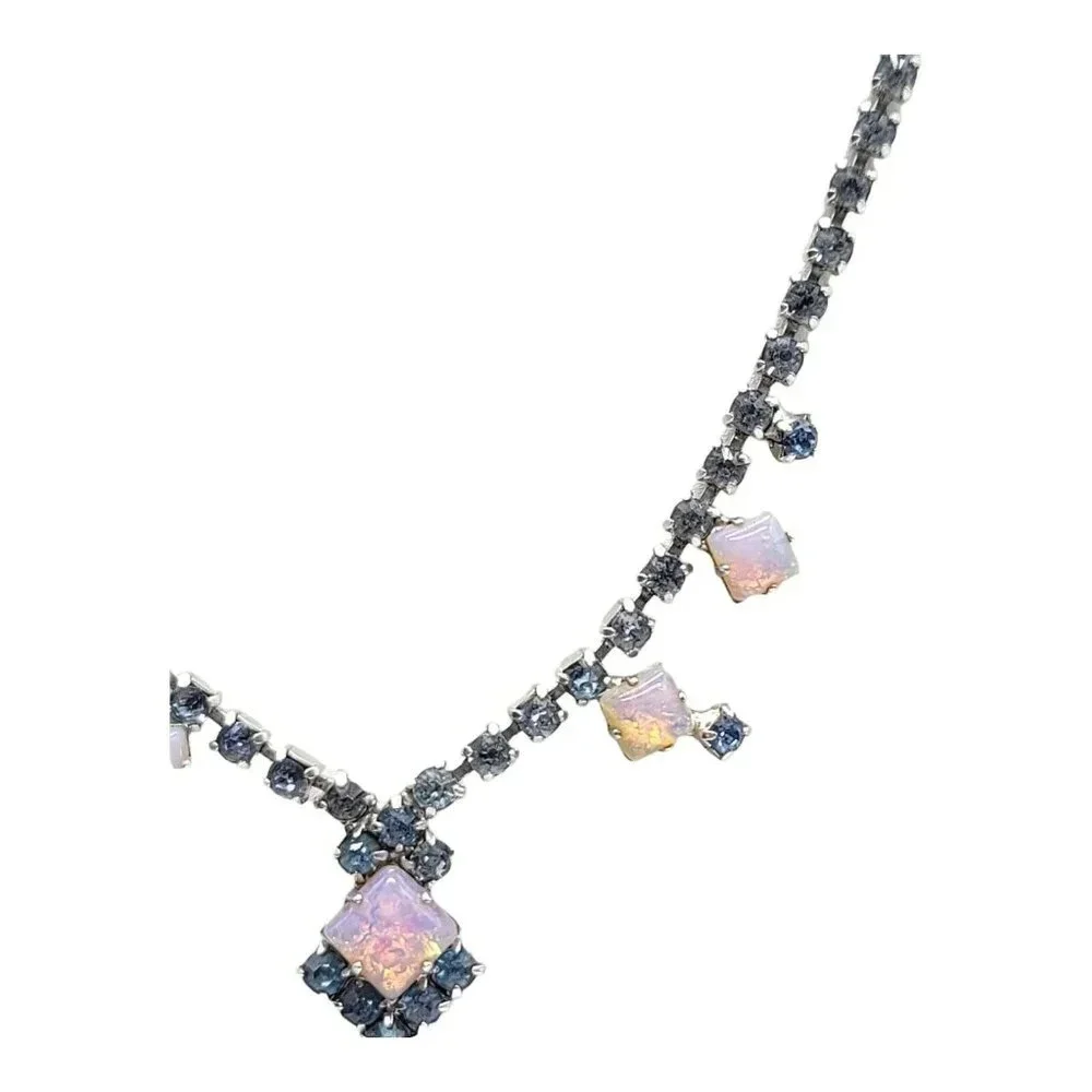 Blue Rhinestone Pink Faux Opal Art Deco Style Choker Necklace Silver Tone